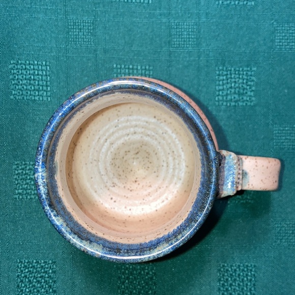 POTTERY artisan made signed mug, tan & blues, 1 cup, fancy handle $20 - Picture 5 of 9